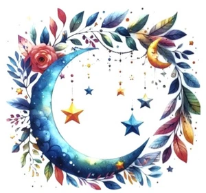 4" - UV DTF Transfer Vinyl Aufkleber - Aquarell Blumen Mond & Sterne - Decal - Bild 1 von 1