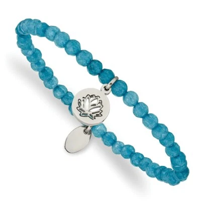 Stainless Steel Polished Lotus Blue Jade Beaded Stretch Bracelet - Image 1 of 3
