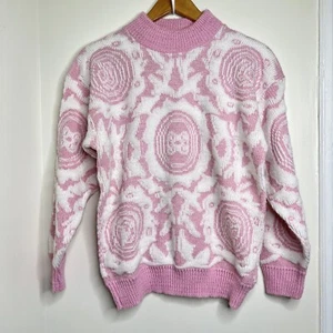 Vintage 80s 90s Cheryl Pink & White Geometric Sweater Approx Large Fairy Kei - Picture 1 of 12
