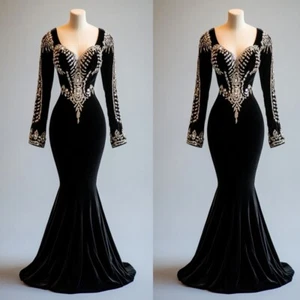 Gorgeous Black Evening Dress Mermaid Long Sleeve Jewel Mermaid Prom Party Gowns - Picture 1 of 6