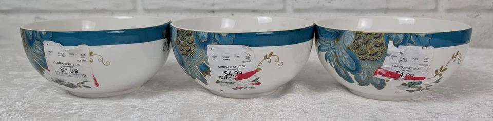 Juego de 3 tazones de sopa/cereal de 5-1/2" Fifth Eliza Teal 222 etiquetas nuevas Foto 1 de 4