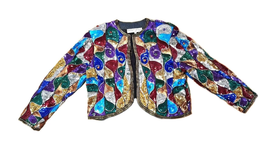 JUDITH ANN CREATIONS Vtg Sequin Beaded Jacket Sz S Silk Shell Padded Shoulders  - Image 1 of 4