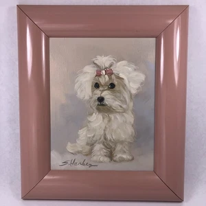 Pintura vintage enmarcada de cachorro con lazo rosa | maltés | caniche | mediados de siglo - Imagen 1 de 4