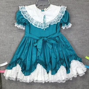 Vintage Lid'l Dolly's Dress Girls 7 Teal White Lace Ruffle Southern Belle 90s - Picture 1 of 11