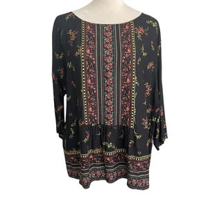 J. Jill Floral Boho Tunic Top Black Peasant Style Tiered Long Sleeve Blouse LP - Picture 1 of 7