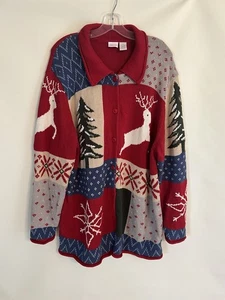 Cherokee Cardigan UGLY Reindeer Snowflake Tree Christmas Sweater SZ 2X Chest 50" - Picture 1 of 7