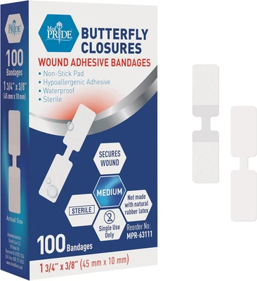 MED PRIDE Butterfly Wound Closure Strips Pack of 100 Sterile Nonstick Hypoallerg - Image 1 of 4