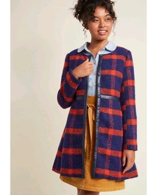 Modcloth Retro Tartan Plaid Tailored Wool Blend Coat A-Line Blue & Orange 1X - Image 1 of 4