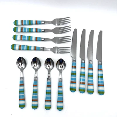 Colorful Striped Handle Stainless Steel Flatware Set 12 Piece Knives Forks Spoon - Image 1 of 4
