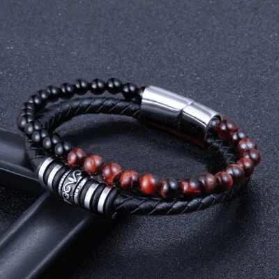 Pulsera trenzada de cuero para hombre con piedra de ónix ojo de tigre natural cierre magnético Foto 1 de 4