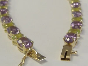 VINTAGE 14K GOLD NATURAL AMETHYST AND PERIDOT BRACELET 7.5 " - Picture 1 of 9