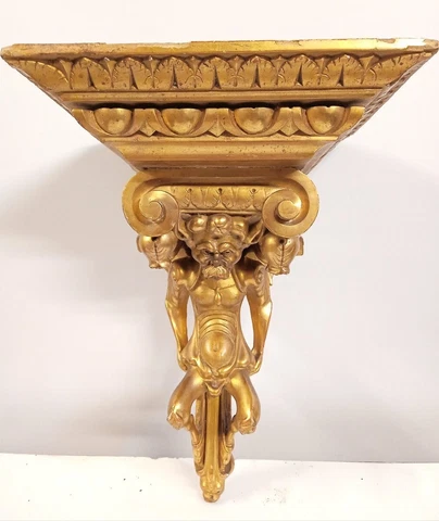 Antique French Wall Hung Carved Console Table Giltwood Devil's Figure Art 19th Cover