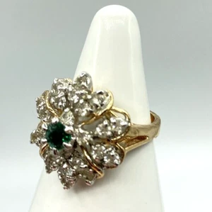 Vintage EDCO Rhinestone Cocktail Ring Size 8.25 Gold Tone Green Clear Cluster - Picture 1 of 10