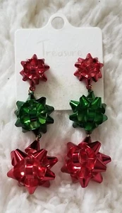 Red & Green Multi Size Christmas Bows Metal Dangle - Earrings - Picture 1 of 2