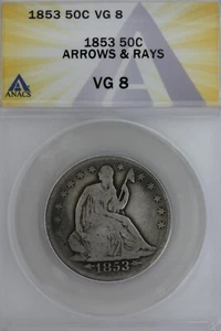 1853 .50 ANACS VG 8 AROWS AND RAYS 1800's Half Dollar, Liberty Seated Half - Picture 1 of 2