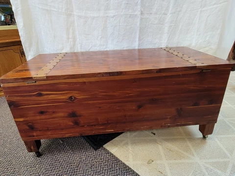 Cedar Chest with Sleigh Front, Copper Bands on Wheels - Blanket Chest Cover