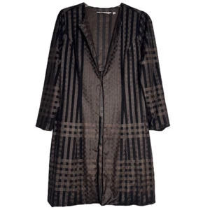 Soft Surroundings Collarless Long Coat Petite Small Plaid Brown Shirred Back PS - Picture 1 of 9