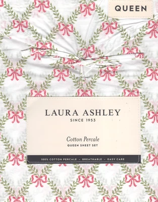 Laura Ashley Queen Sheet Set Bow Trellis Green 4pc Cottage Holiday Farmhouse Red - Image 1 of 4