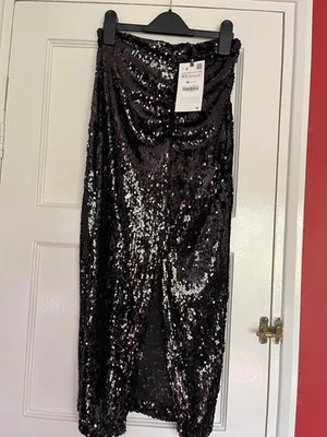 ZARA NWT Cost £29.95 Black Sequin Front Split Long Skirt SZ XS (SZ 10) - Image 1 of 4