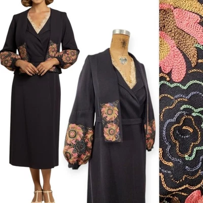 Vestido Antiguo De Colección Años 1920 1900 Bordado Vibrante Lana Encaje Mangas Biship XS/S Foto 1 de 4