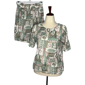 Vintage 90s Matching Set Women's M Shorts Top Geometric Abstract Stretch Waist - Picture 1 of 7