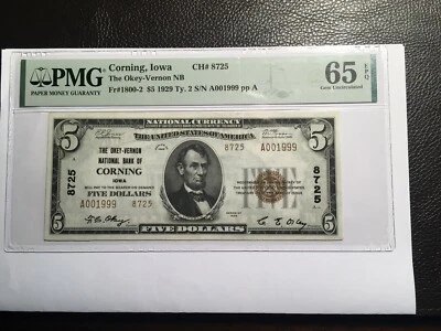 5.00 1929 Type2 National bank note Corning Iowa PMG 65 gem uncirculated EPQ - Image 1 of 2