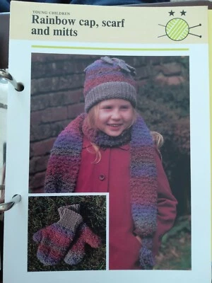 knitting pattern young childs rainbow hat scarf and mitts - Image 1 of 2