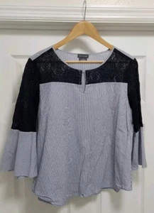 Van Heusen Top Damen Größe L blau weiß 3/4 Arm gestreift Spitze Freizeit - Bild 1 von 11