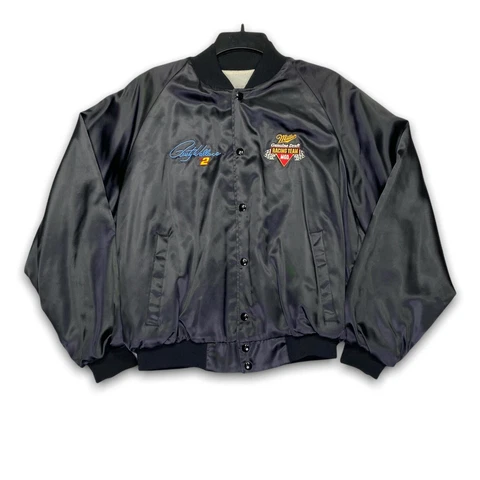 Vintage 90s Rusty Wallace MGD Racing Team Black Satin Nascar Jacket Size Large Cover