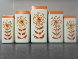 NYLEX KITCHEN CANISTERS SET OF 5 WHITE ORANGE FLOWERS MADE IN AUSTRALIA VINTAGE - Picture 1 of 19