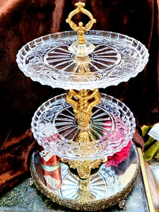2Tier ORNATE DETAIL Crystal Glass Plate GOLD PLATED Metal Center Post CHERUBS - Picture 1 of 10