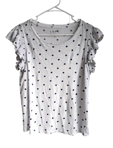 Ann Taylor LOFT Linen Short Ruffle Sleeve Top White/Navy Poka Dot Size Lg Petite - Picture 1 of 4