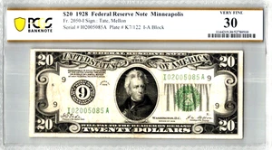 1928 $20 Federal Reserve Note (Minneapolis) PCGS 30 VF Fr.2050-I - Picture 1 of 3