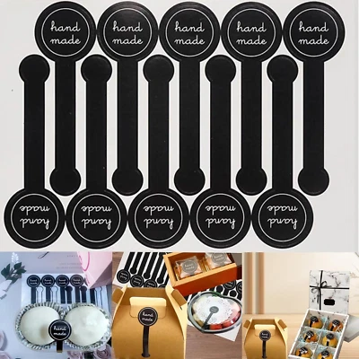 200 piezas pegatinas de sello para hornear piruleta hechas a mano - negras hechas a mano etiqueta larga stic Foto 1 de 4