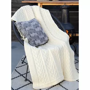 SAOL Aran Knit Throw Blanket Irish 100% Soft Merino Wool Heart Pattern 67 x 49" - Picture 1 of 5