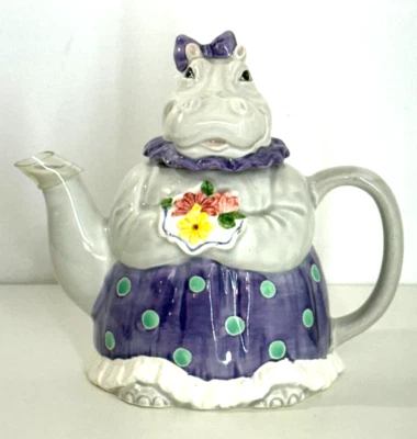 Tetera Mary Ann Baker Otagiri Hipopótamo Púrpura Hecha en Japón 8"H LEER Foto 1 de 4