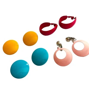 Pendientes Clip Vintage Retro Años 80 4 Pares Esmalte Brillante Rosa Azul Amarillo - Imagen 1 de 5