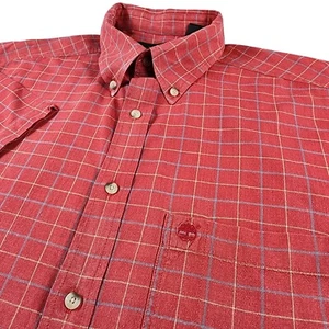 TIMBERLAND Mens L Plaid Shirt Red Short Sleeve Button Down Cotton Casual Outdoor - Picture 1 of 9