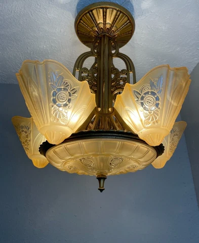 1930s Art Deco 5 light flush mount slip shade Lightolier Fixture Cover