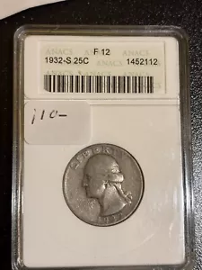 1932 S Washington Quarter F-12 Anacs Old Soap Box Holder Key Date - Picture 1 of 2