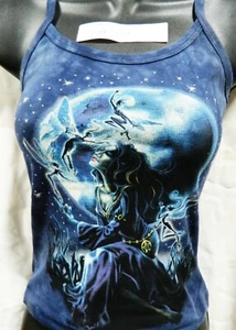 Midnight Visit Fairy with Moon Hand Dyed Blue Spaghetti Strap Shirt UNWORN - Picture 1 of 1