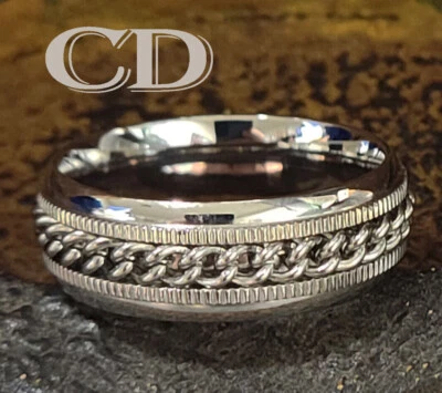 Alianza de boda giratoria inquietante con cadena de plata para hombre - Anillo de ansiedad para hombre Foto 1 de 4