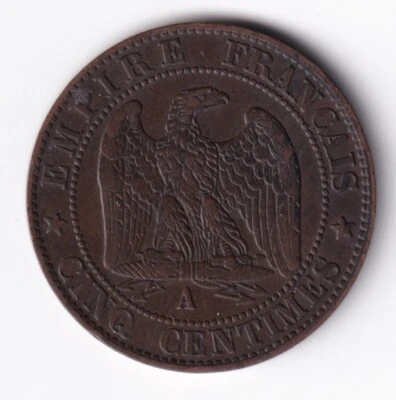 France 1855A 5c Five Centimes Bronze Coin Emperor Napoleon III - Image 1 of 2
