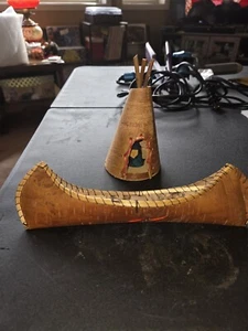Vtg Teepee Tent And Canoe Souvenir Birch Wood Small 10" - Picture 1 of 7