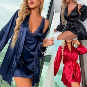 Sexy Women Lingerie Silk Robe Set Babydoll Nightgown Sleepwear Slip Long Dress - Picture 1 of 22