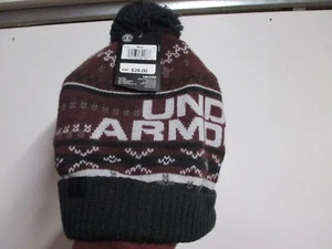 UNDER ARMOUR MENS WINTER CUFF POM POM BEANIE HAT (ADULT SIZE) NWT MAROON & GRAY - Picture 1 of 5