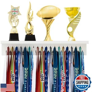 Threehoney Wooden Medal Holder Display Trophy Hanger Shelf with Hooks for Wal - Picture 1 of 5