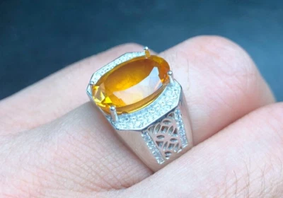 7 Carat Oval Cut Rare Deep Yellow Citrine Sterling Silver 925 Handmade Mens Ring - Image 1 of 4