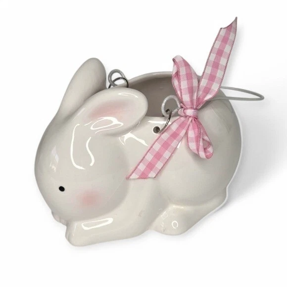 Florero jardinera de cerámica blanca Hallmark rosa guinga lazo de cinta a cuadros Foto 1 de 4