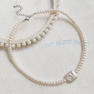 7-8mm Real Natural White Freshwater Pearl Square Baroque Pearl Pendant Necklace - Picture 1 of 17